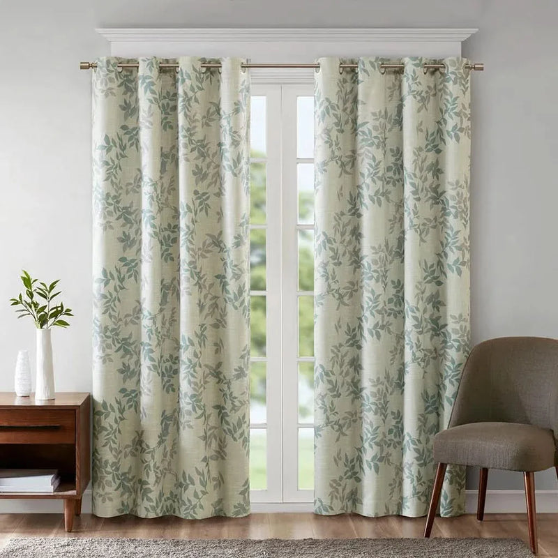 Printed Botanical Curtain Panel Aqua Blue Floral Polyester Blackout