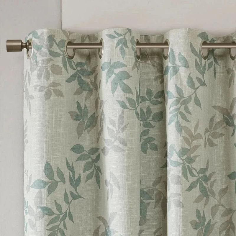 Printed Botanical Curtain Panel Aqua Blue Floral Polyester Blackout