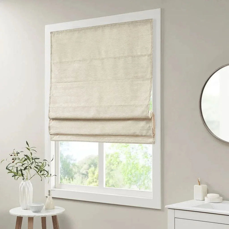 Cordless Roman Shade Printed Faux Silk Textured Ivory Room Darkening