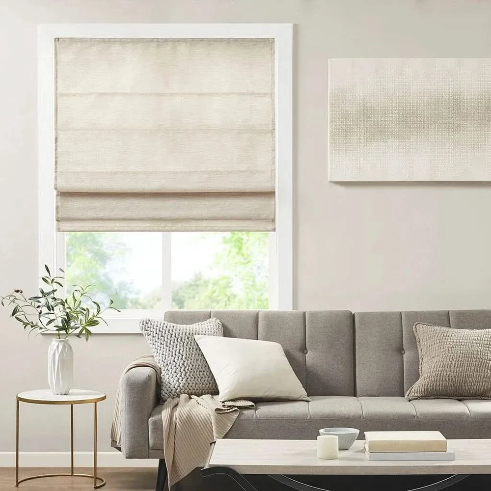 Cordless Roman Shade Printed Faux Silk Textured Ivory Room Darkening Media 3