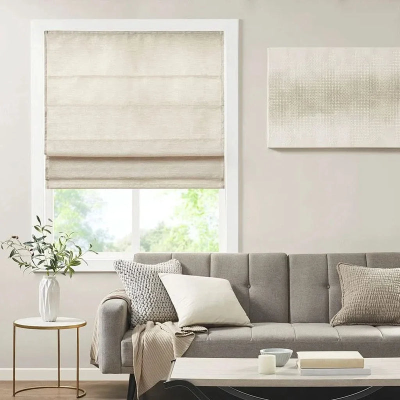 Cordless Roman Shade Printed Faux Silk Textured Ivory Room Darkening