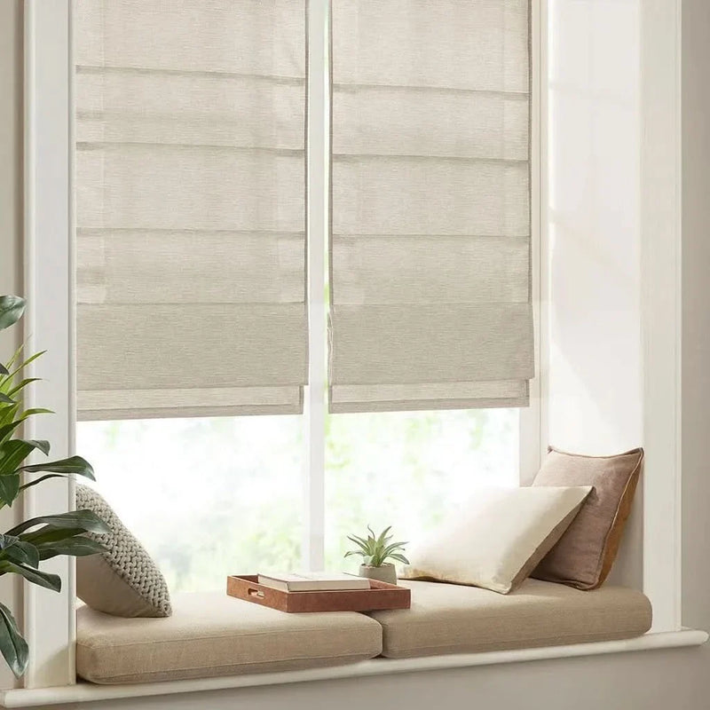 Cordless Roman Shade Printed Faux Silk Textured Ivory Room Darkening