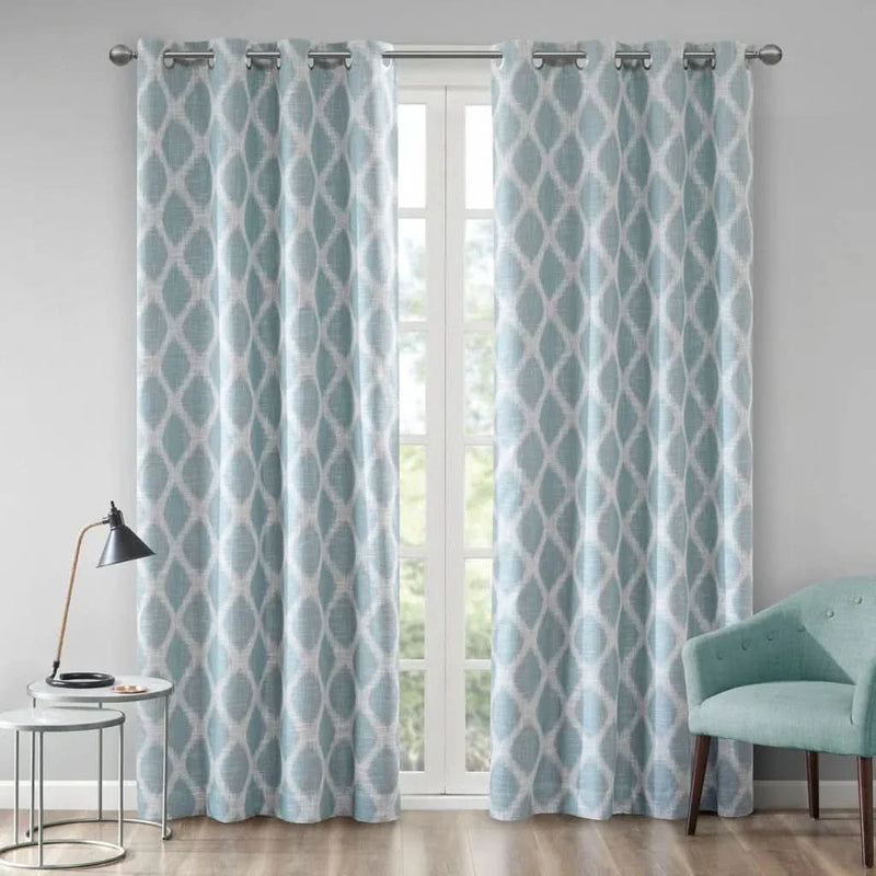 Ikat Blackout Curtain Panel Polyester Aqua Room Darkening 84 Inch Length