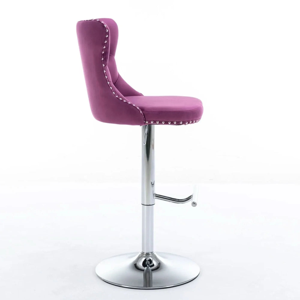 Purple Velvet Bar Stool Swivel Adjustable Height Chrome Base Set of 2 Media 5