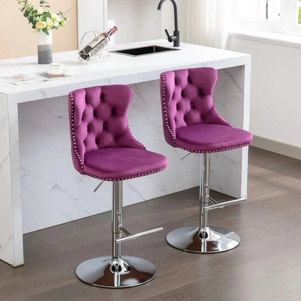 Purple Velvet Bar Stool Swivel Adjustable Height Chrome Base Set of 2 Media 14