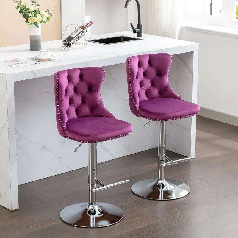 Purple Velvet Bar Stool Swivel Adjustable Height Chrome Base Set of 2