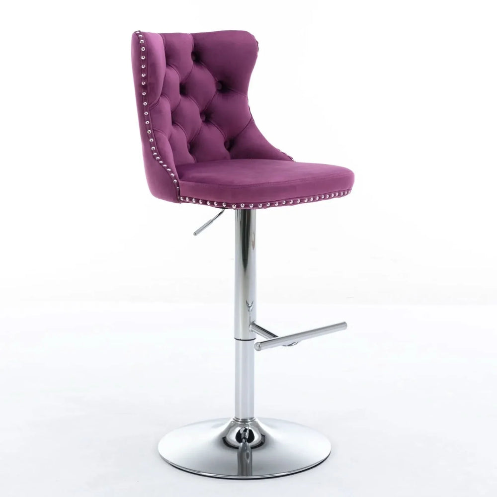 Purple Velvet Bar Stool Swivel Adjustable Height Chrome Base Set of 2 Media 1