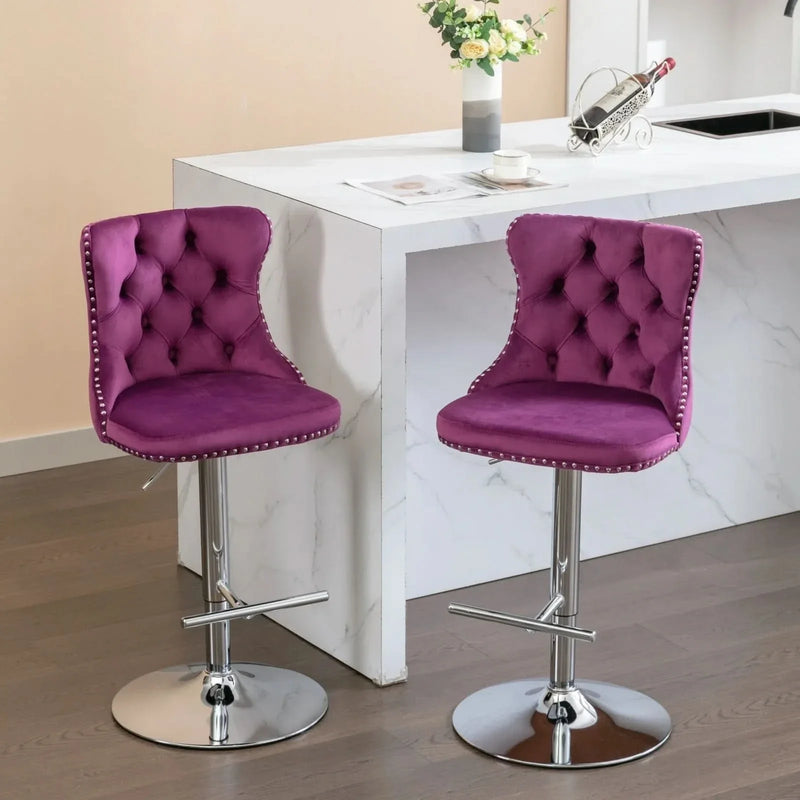 Purple Velvet Bar Stool Swivel Adjustable Height Chrome Base Set of 2