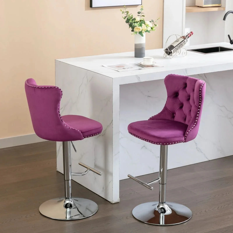 Purple Velvet Bar Stool Swivel Adjustable Height Chrome Base Set of 2