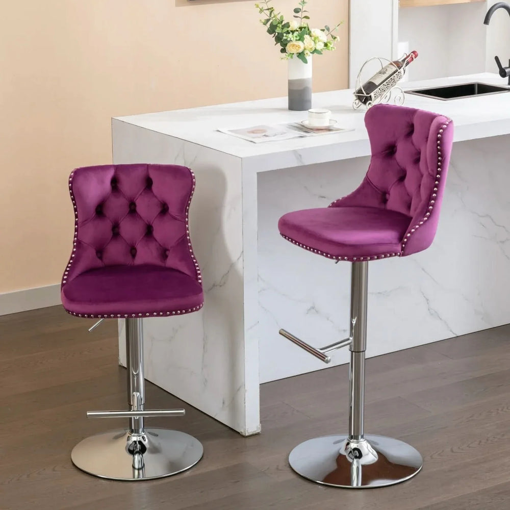 Purple Velvet Bar Stool Swivel Adjustable Height Chrome Base Set of 2 Media 2