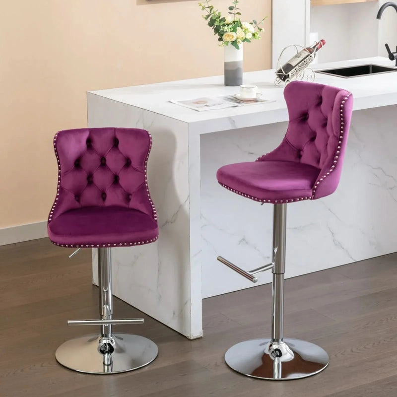 Purple Velvet Bar Stool Swivel Adjustable Height Chrome Base Set of 2