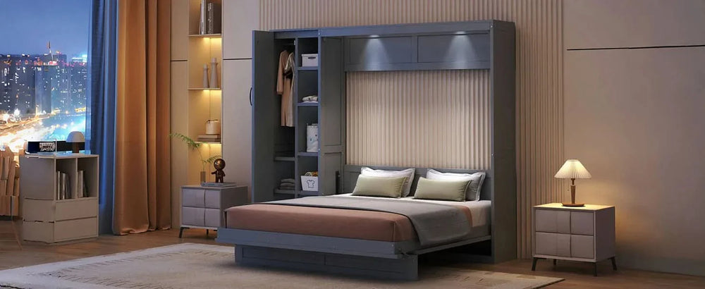 Murphy Bed Gray With Shelves Wardrobe And LED Lights Queen Size Modern Media 22