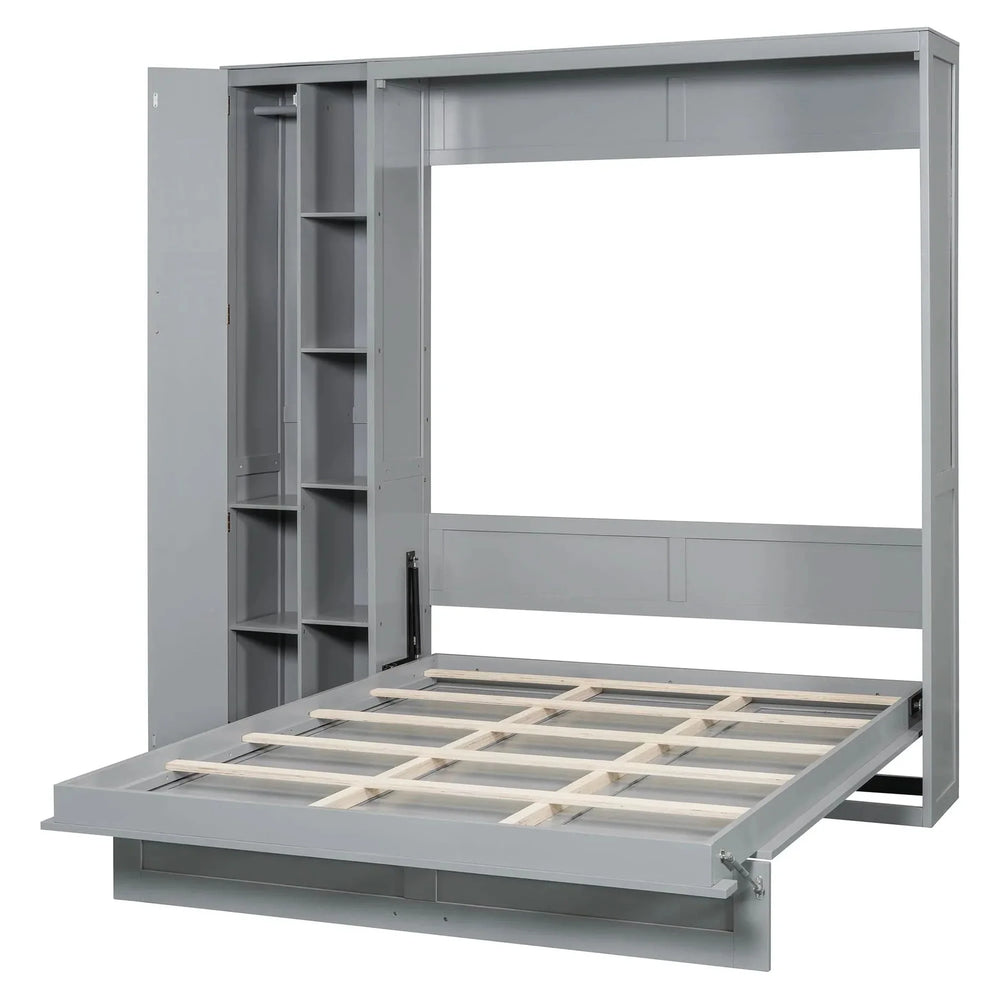 Murphy Bed Gray With Shelves Wardrobe And LED Lights Queen Size Modern Media 7