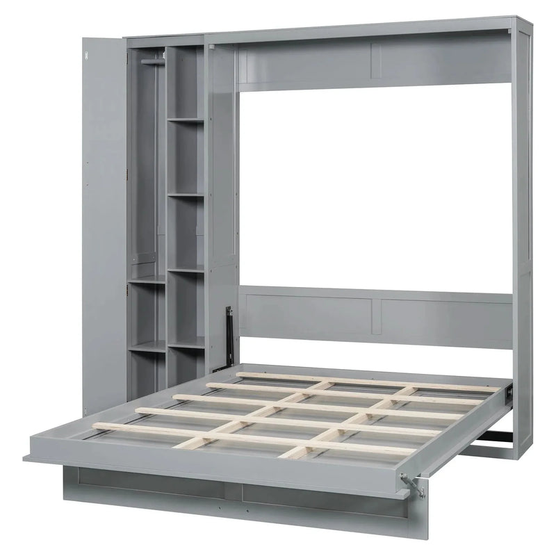 Murphy Bed Gray With Shelves Wardrobe And LED Lights Queen Size Modern