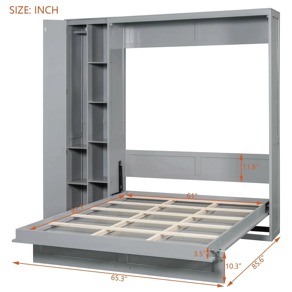 Murphy Bed Gray With Shelves Wardrobe And LED Lights Queen Size Modern Media 12
