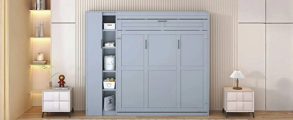 Murphy Bed Gray With Shelves Wardrobe And LED Lights Queen Size Modern Media 23