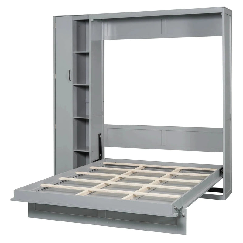 Murphy Bed Gray With Shelves Wardrobe And LED Lights Queen Size Modern