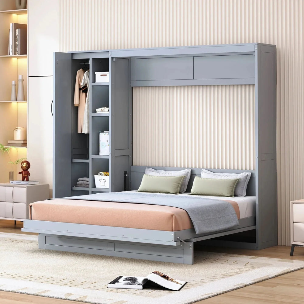 Queen Size Murphy Bed Wall Bed with Shelves, Wardrobe and LED Lights,Gray - DTY Store