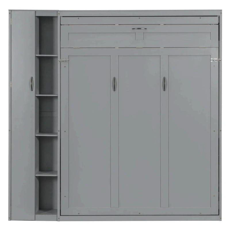 Murphy Bed Gray With Shelves Wardrobe And LED Lights Queen Size Modern
