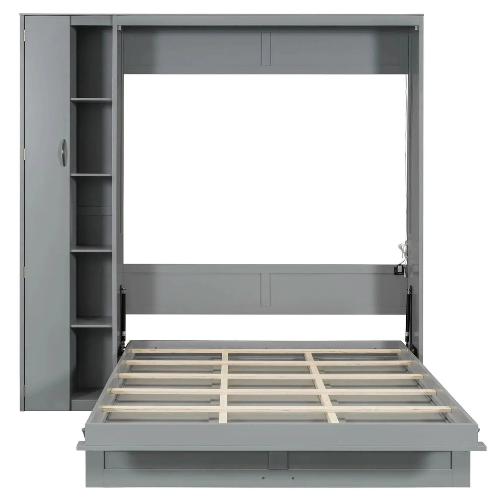 Murphy Bed Gray With Shelves Wardrobe And LED Lights Queen Size Modern Media 10