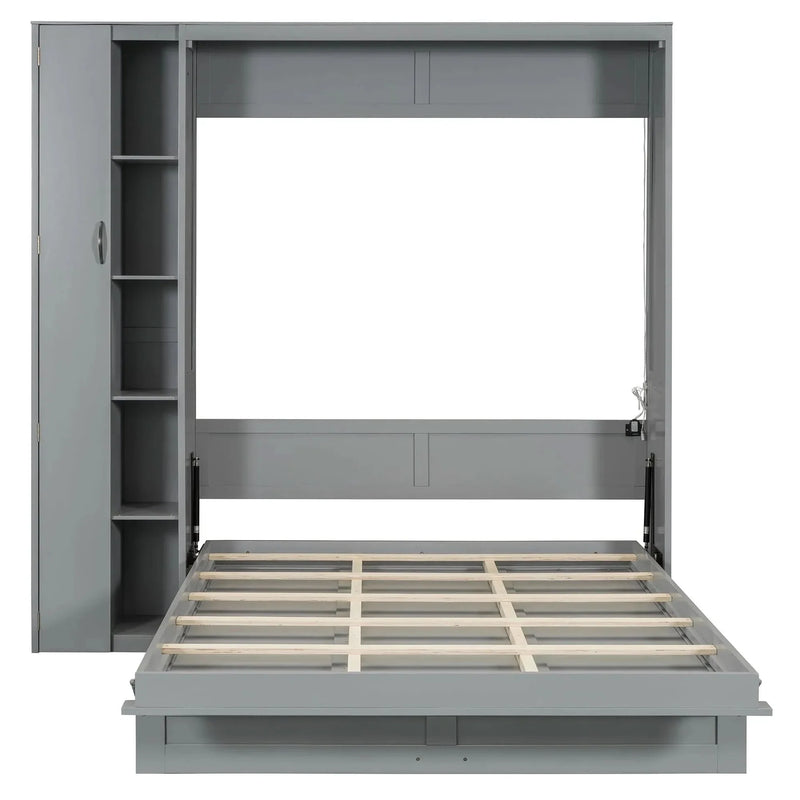 Murphy Bed Gray With Shelves Wardrobe And LED Lights Queen Size Modern