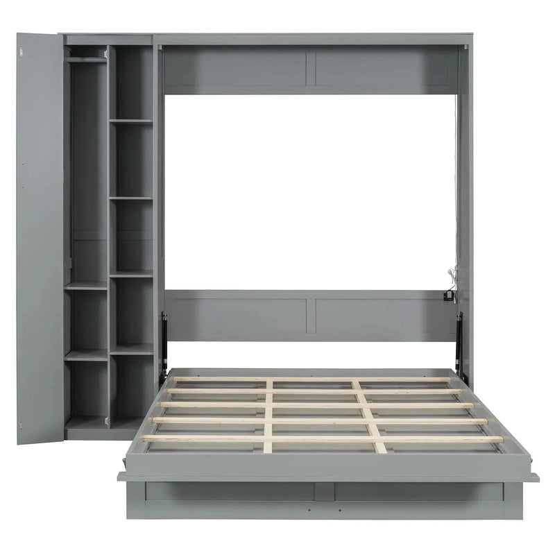 Murphy Bed Gray With Shelves Wardrobe And LED Lights Queen Size Modern
