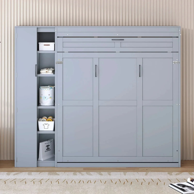 Murphy Bed Gray With Shelves Wardrobe And LED Lights Queen Size Modern