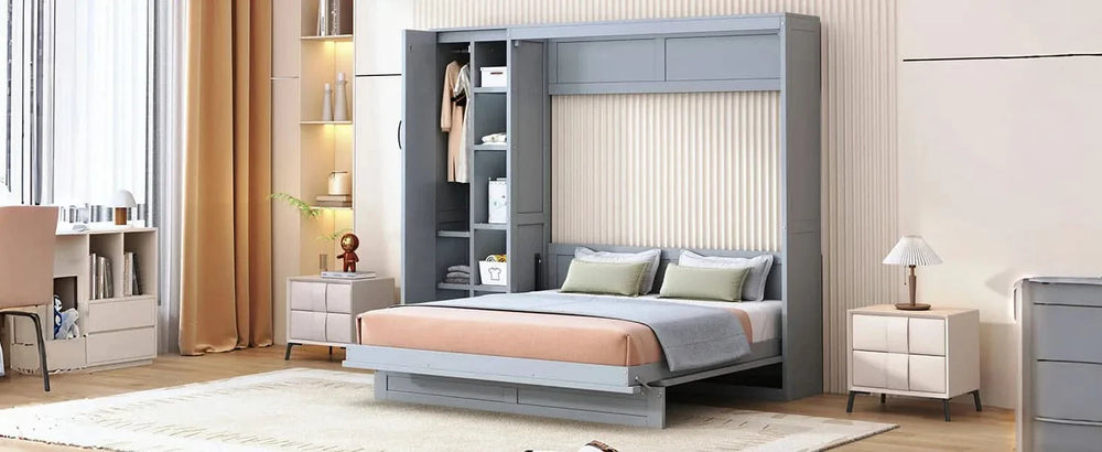 Murphy Bed Gray With Shelves Wardrobe And LED Lights Queen Size Modern Media 21