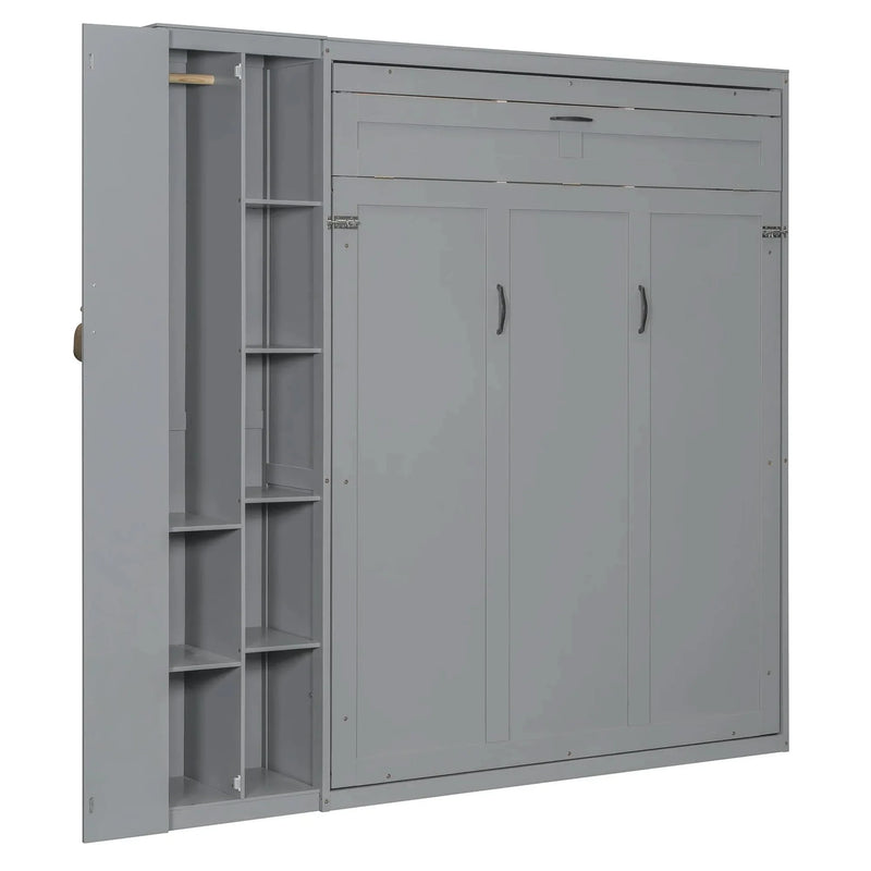Murphy Bed Gray With Shelves Wardrobe And LED Lights Queen Size Modern