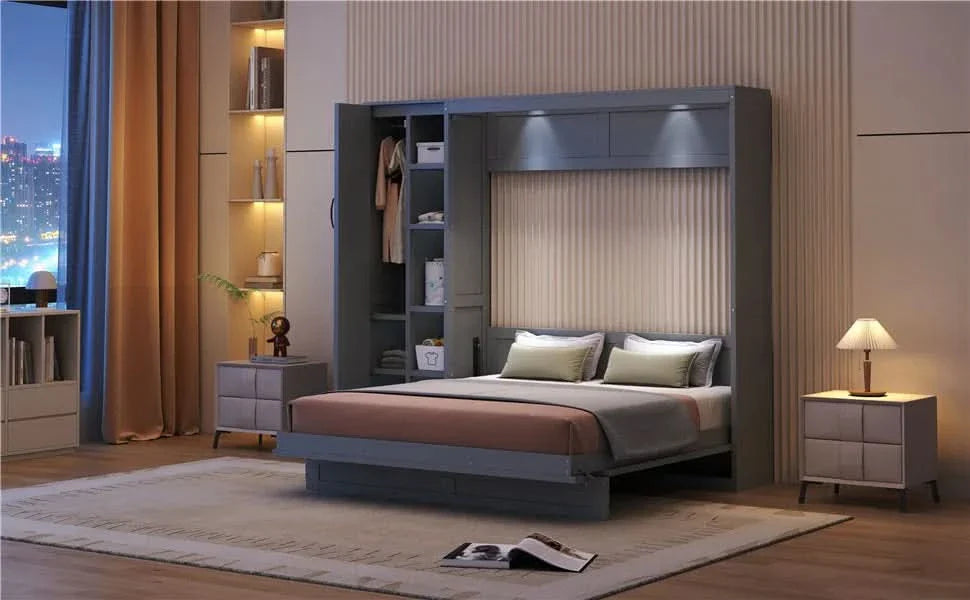 Murphy Bed Gray With Shelves Wardrobe And LED Lights Queen Size Modern Media 18