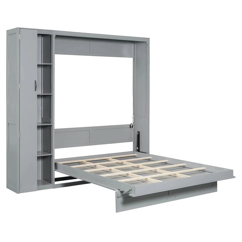 Murphy Bed Gray With Shelves Wardrobe And LED Lights Queen Size Modern