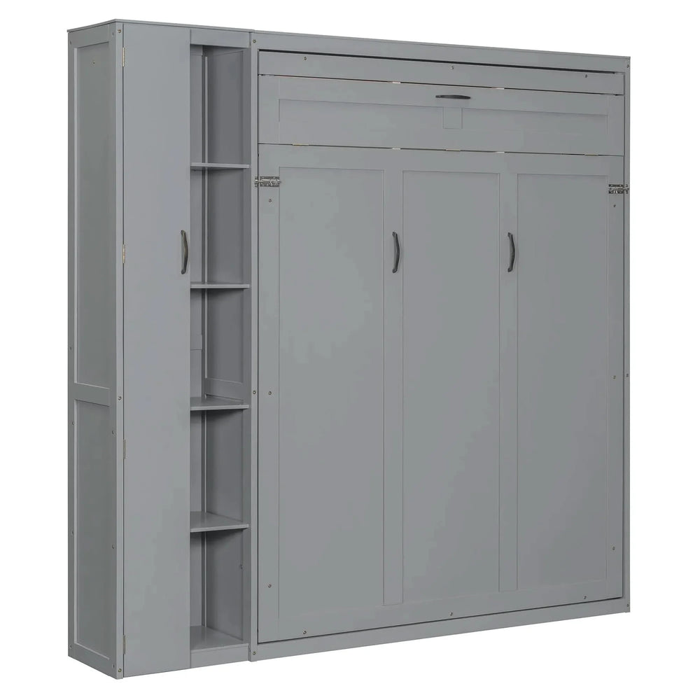 Queen Size Murphy Bed Wall Bed with Shelves, Wardrobe and LED Lights,Gray - DTY Store