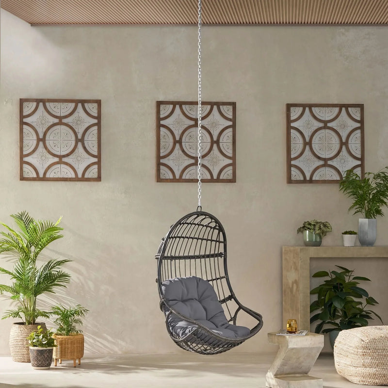 Hanging Chair Gray Wicker Cushion For Indoor & Outdoor Use Patio Lounge
