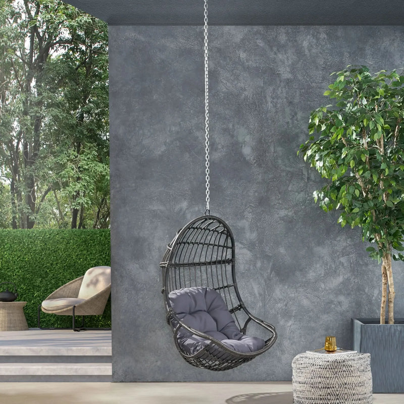 Hanging Chair Gray Wicker Cushion For Indoor & Outdoor Use Patio Lounge