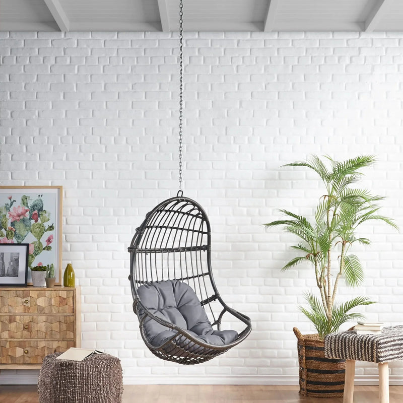 Hanging Chair Gray Wicker Cushion For Indoor & Outdoor Use Patio Lounge