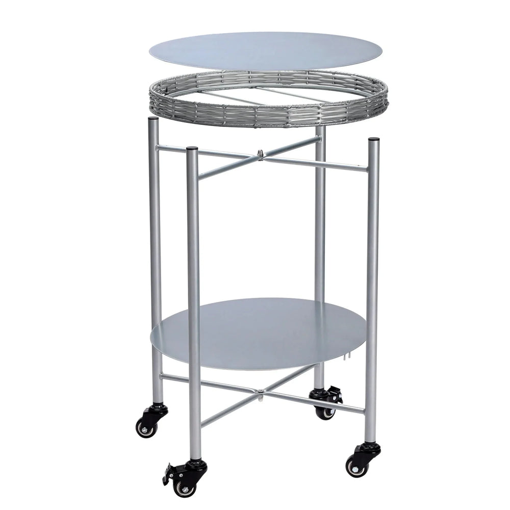 Round Coffee Table Metal 2-Tier On Wheels & Silver Finish For Living Room Media 16