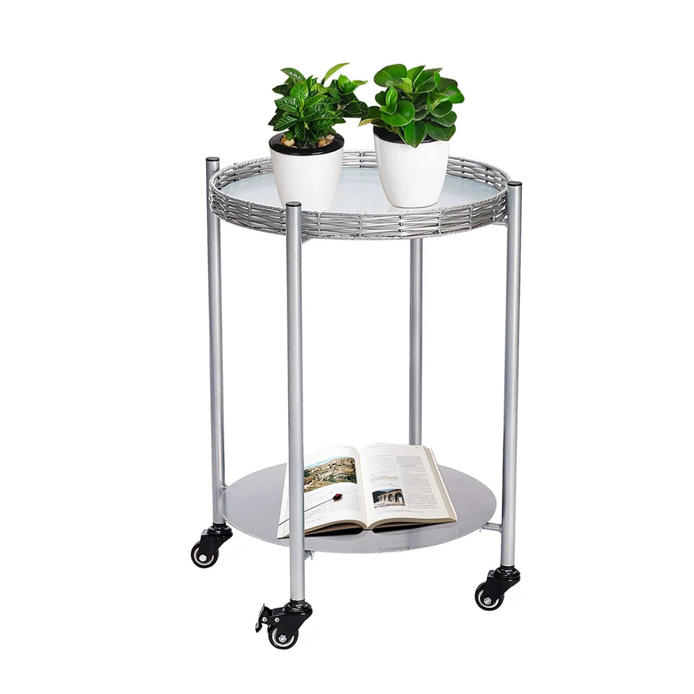 Round Coffee Table Metal 2-Tier On Wheels & Silver Finish For Living Room Media 9