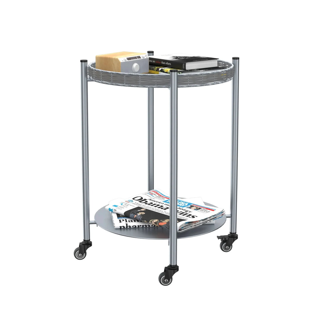 Round Coffee Table Metal 2-Tier On Wheels & Silver Finish For Living Room Media 10