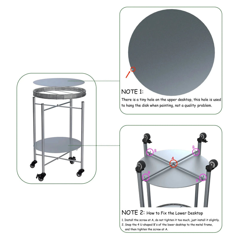 Round Coffee Table Metal 2-Tier On Wheels & Silver Finish For Living Room