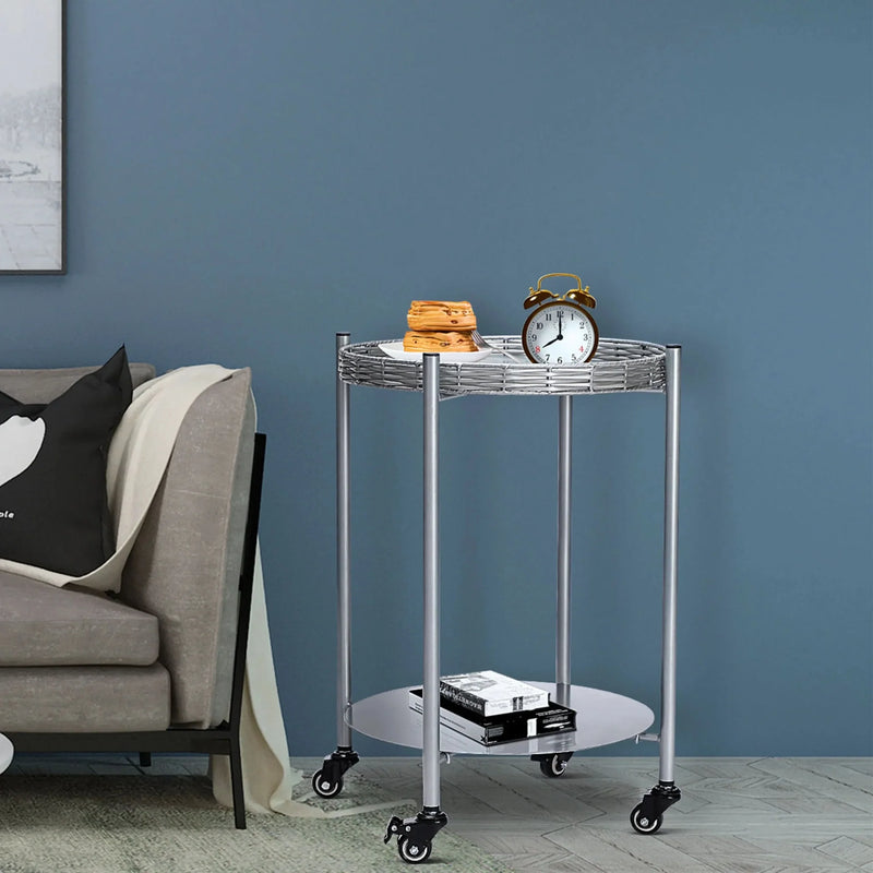 Round Coffee Table Metal 2-Tier On Wheels & Silver Finish For Living Room