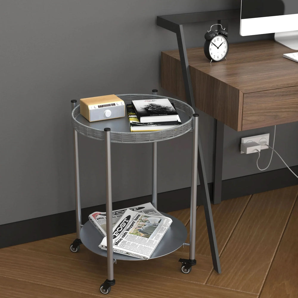 Round Coffee Table Metal 2-Tier On Wheels & Silver Finish For Living Room Media 3