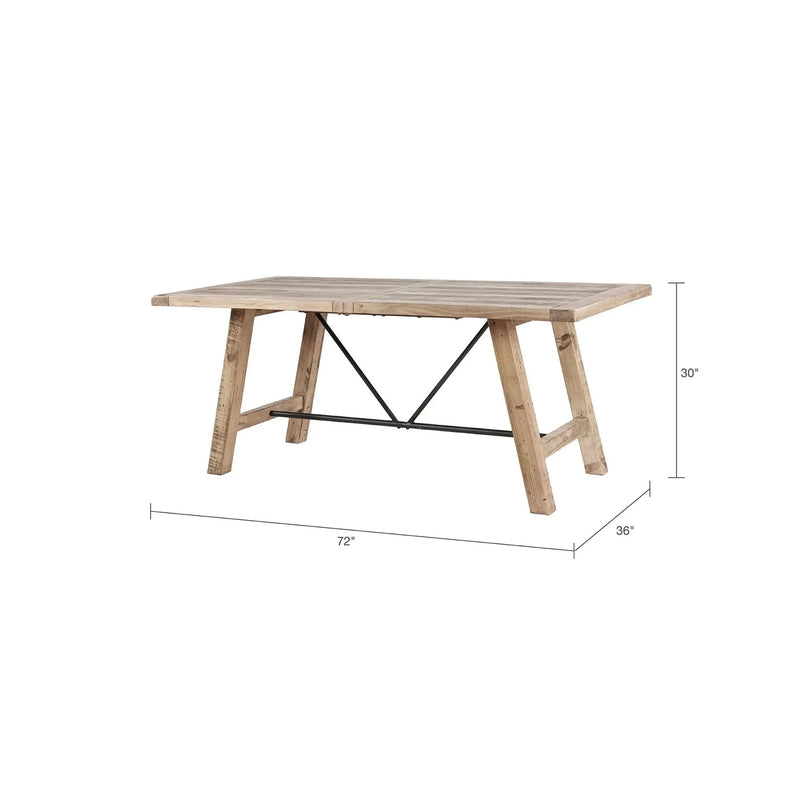 Dining Table Solid Wood Pine Natural Finish Rustic Metal Support Base