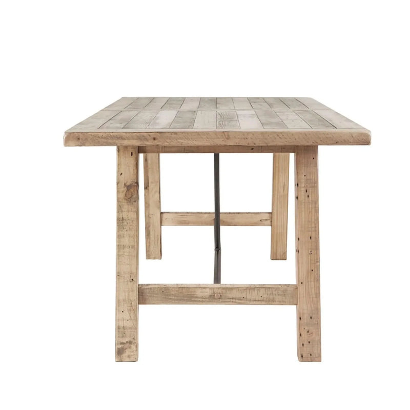 Dining Table Solid Wood Pine Natural Finish Rustic Metal Support Base