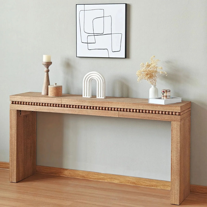 Console Table Wood Beaded Accent Antique Natural Finish Rustic Living Room