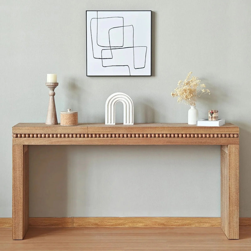 Console Table Wood Beaded Accent Antique Natural Finish Rustic Living Room