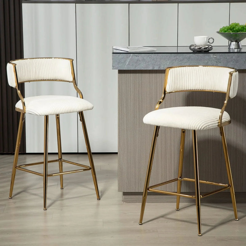 Counter Height Bar Stools Corduroy Upholstery Beige Modern Set Of 2