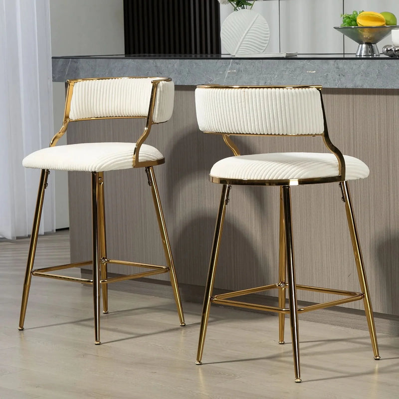 Counter Height Bar Stools Corduroy Upholstery Beige Modern Set Of 2
