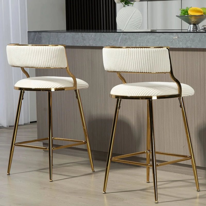 Counter Height Bar Stools Corduroy Upholstery Beige Modern Set Of 2