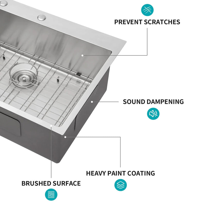 Stainless Steel Kitchen Sink 16 Gauge Brushed Nickel Drop-In Single Bowl
