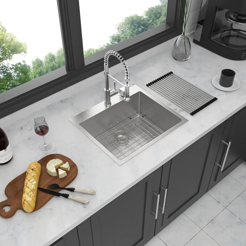Stainless Steel Kitchen Sink 16 Gauge Brushed Nickel Drop-In Single Bowl